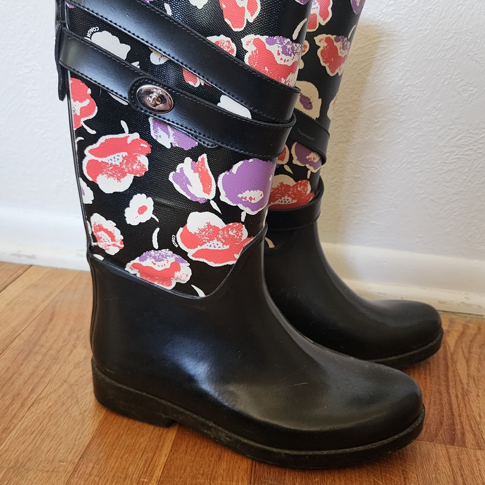 Coach Black Floral Rain Boots